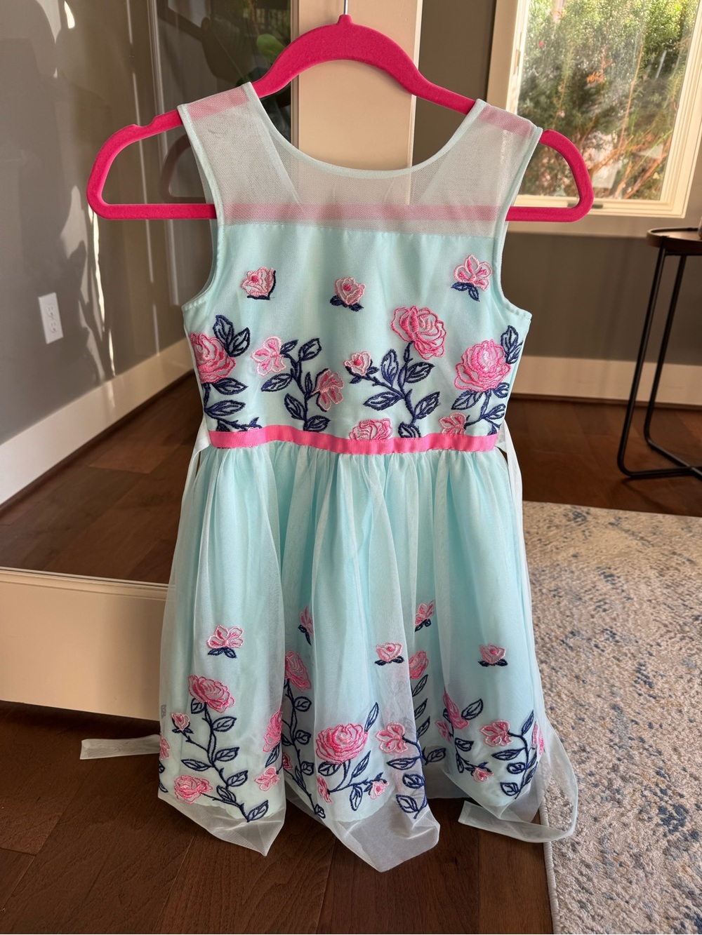 Jona Michelle Aqua Dress with Pink Floral Embroidery